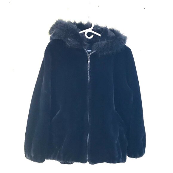 Olympia faux fur coat blue hood women's L full zip winter coat luxury whimsy - Picture 1 of 7